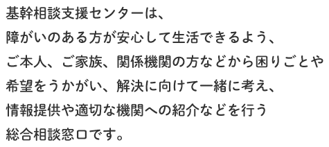 障がいのある方が安心して生活できるよう、情報提供や適切な機関への紹介などを行う総合相談窓口です。